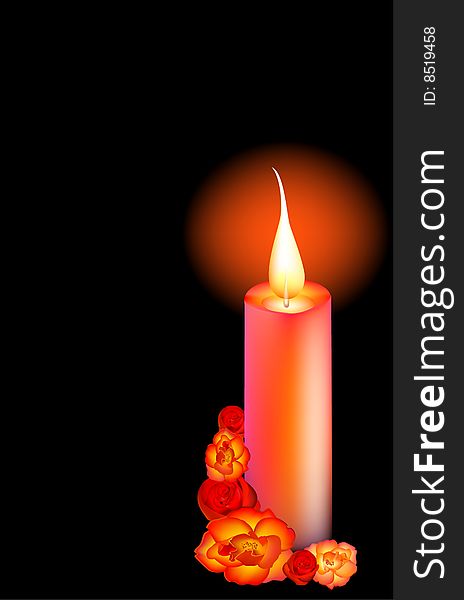 Candle in roses on a black background