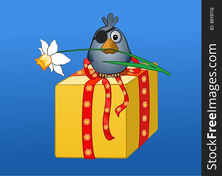 Pirate sparrow with flower and present