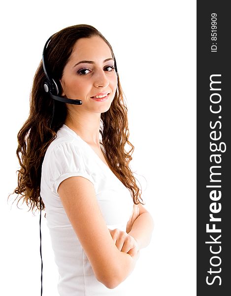 Side pose of female with headphone on an isolated background