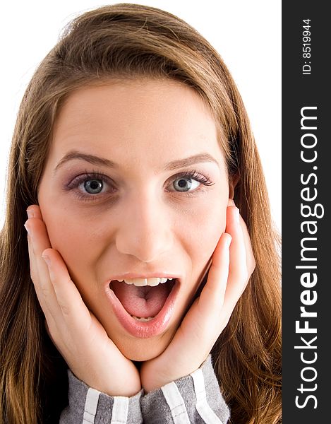 Surprised female looking at camera against white background