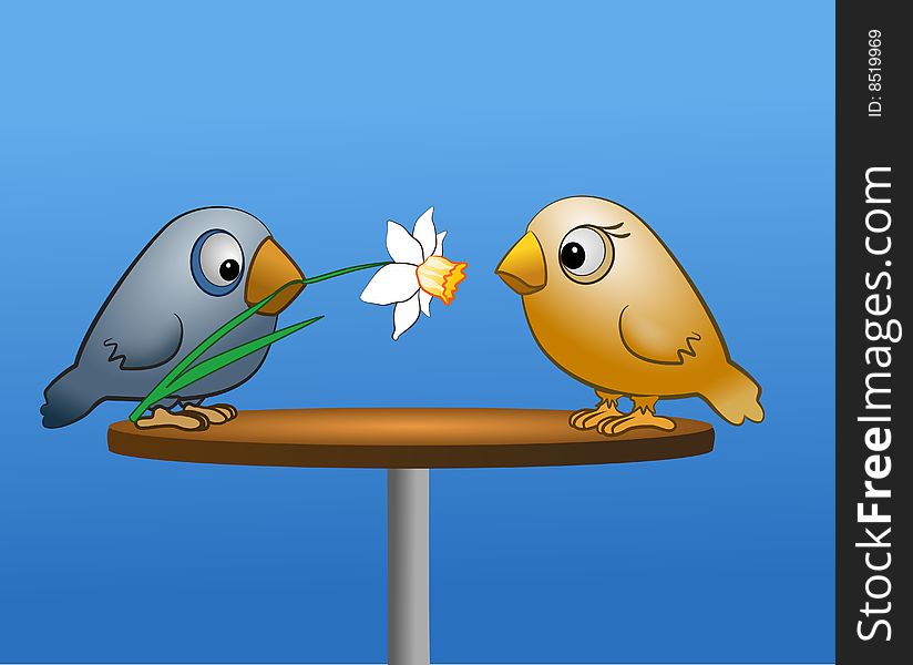 Illustration of two sparrows with flower. Illustration of two sparrows with flower