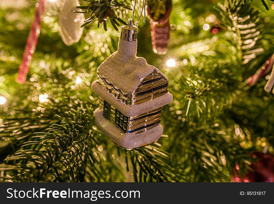 Christmas Ornaments Hanging On Christmas Tree
