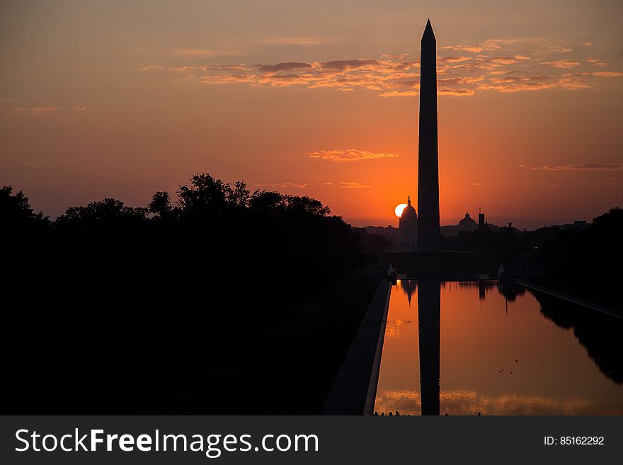 Washington Monument and the National Mall in the sunset.