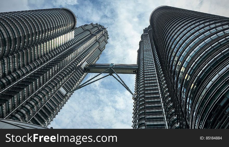 View looking to the top of the Petronas Towers in Kuala Lumpur, Malaysia.