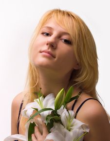 Beautiful Young Woman With Lily Flower Stock Photo