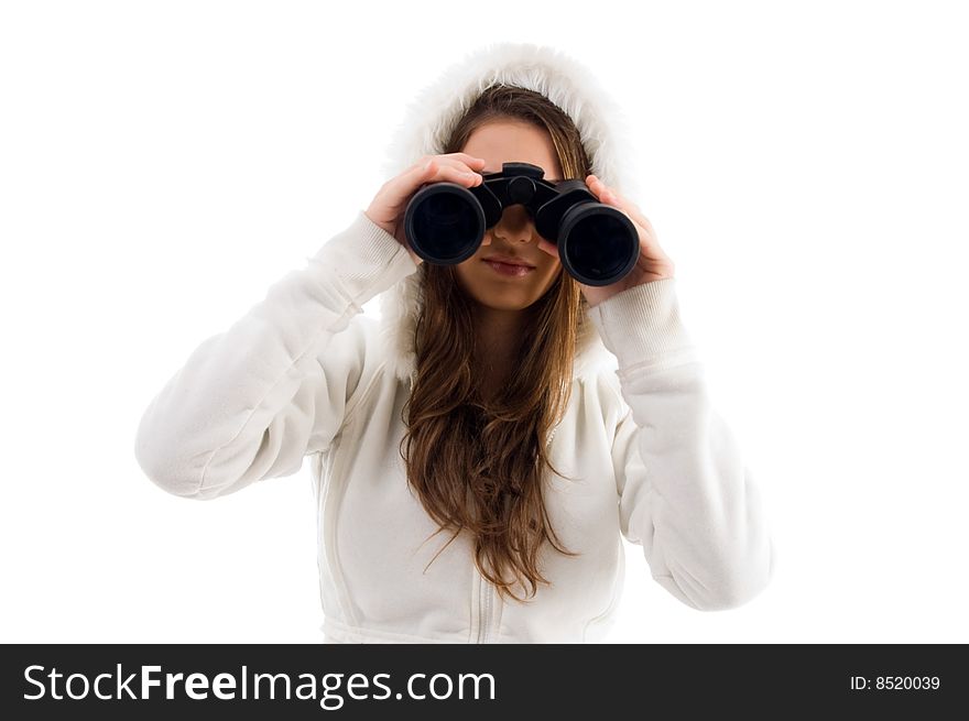 Female looking through binocular with white background