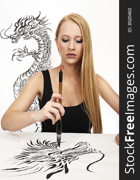 Blond woman design Chinese Calligraphy: DRAGON