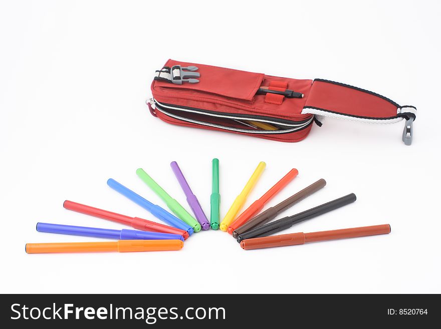 Pencil case with felt-tip pens