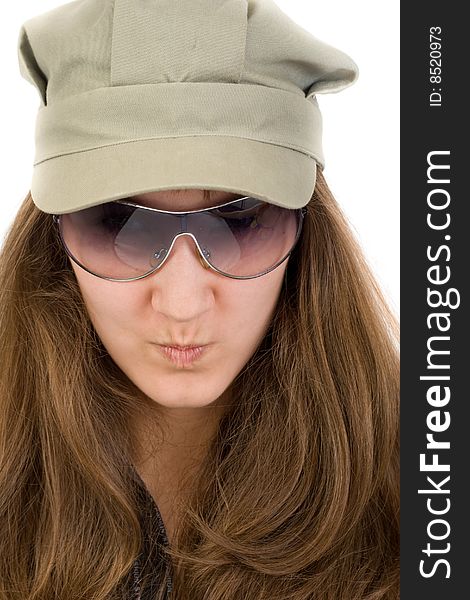 Portrait of beautiful girl in cap and glass isolated on white