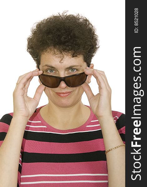 Curly woman with spectacles on white background