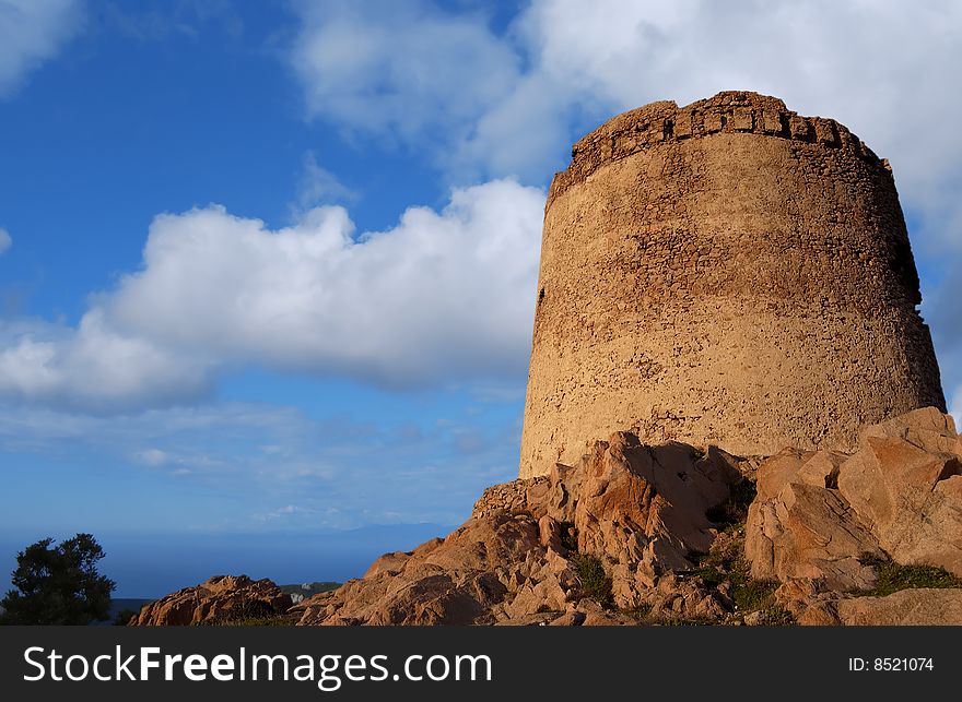Medieval Tower on wonderful blue sky. Sardinia