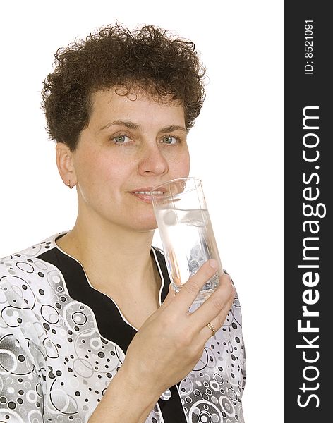 Curly woman with glass of water on white background
