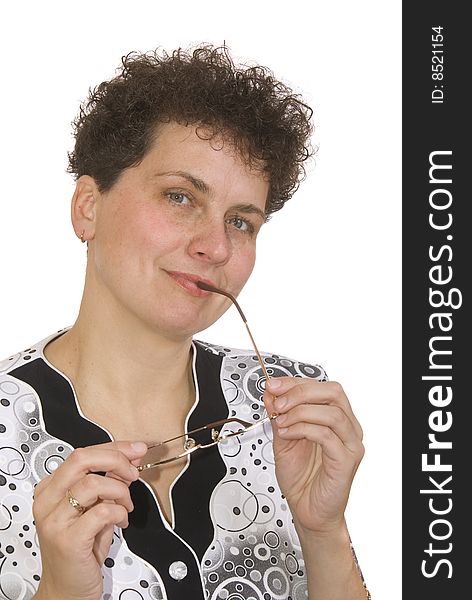 Curly woman with spectacles on white background