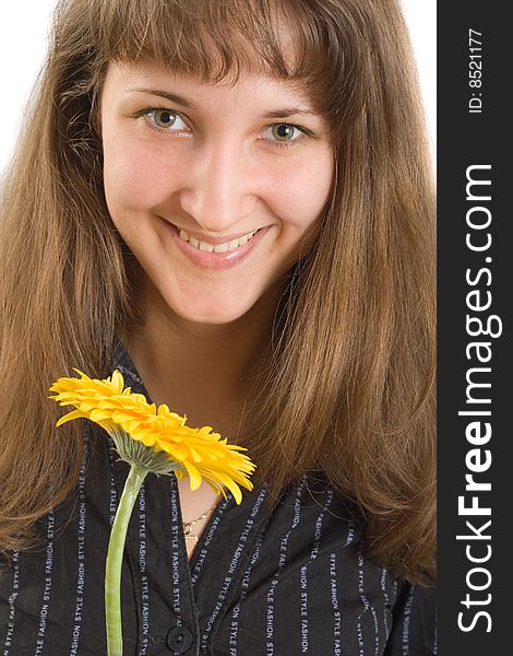 Portrait of beautiful girl with  flower isolated on white