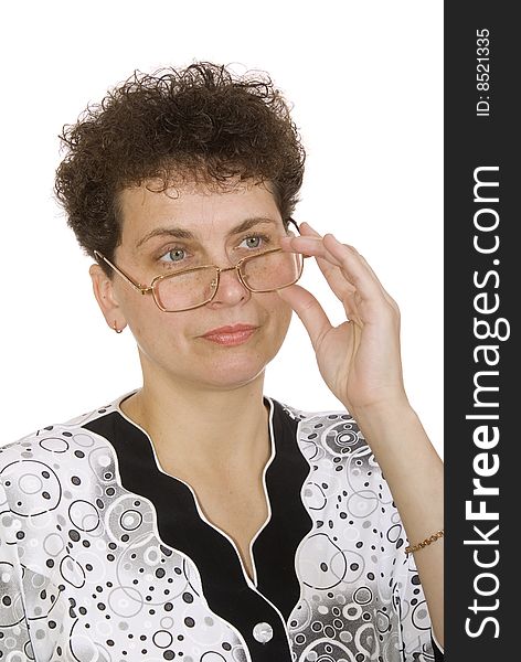 Curly woman with spectacles on white background