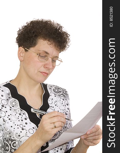 Curly woman with sheet of paper and handle on white background