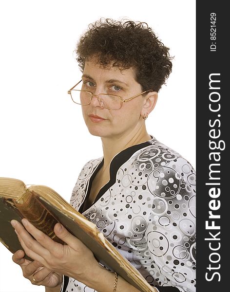 Curly woman with spectacles and book on white background