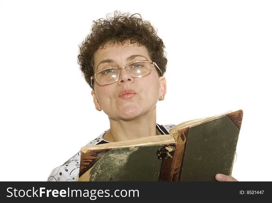 Curly woman with spectacles and book on white background