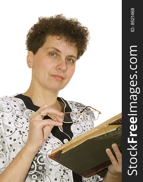 Curly woman with spectacles and book on white background