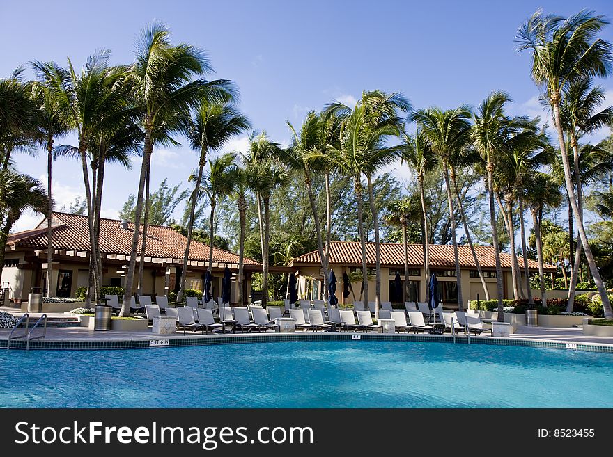 Stucco and tile roof cabanas and palm trees next to a resort swimming pool. Stucco and tile roof cabanas and palm trees next to a resort swimming pool