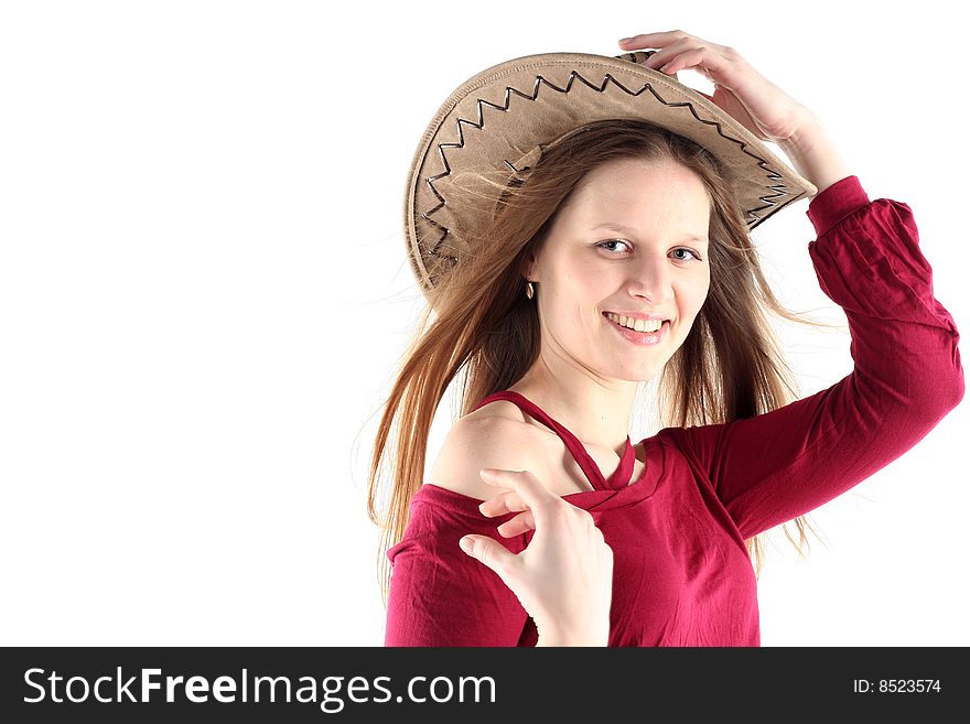 Portrait of young woman in cowboy hat with long hair isolated on white backgrownd