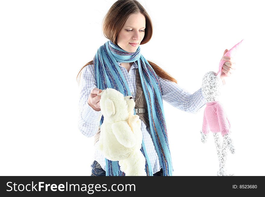 Young girl with rabbit toy and teddy bear. Young girl with rabbit toy and teddy bear