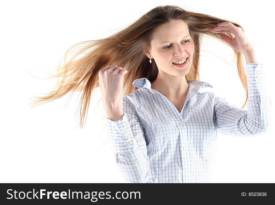 Windswept Exhilaration of young woman with long hair isolated on white background