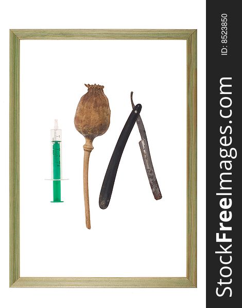 Syringe, poppy head and razor in green frame