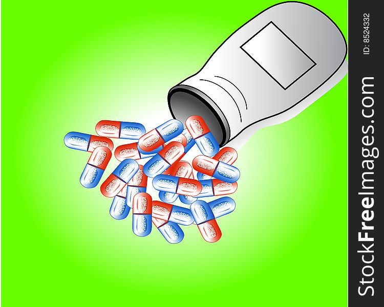 Vector illustration of a medicine bottle and pills on green background.