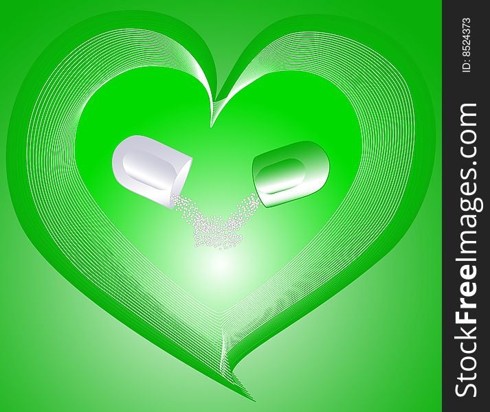Vector illustration of a pill on greenbackground.