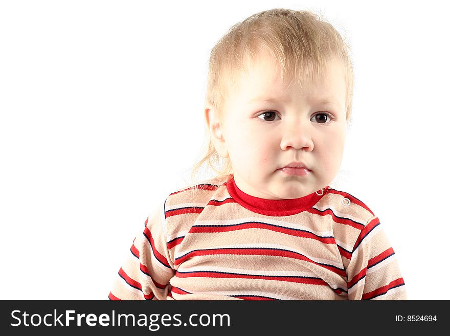 Little blond boy isolated on white background