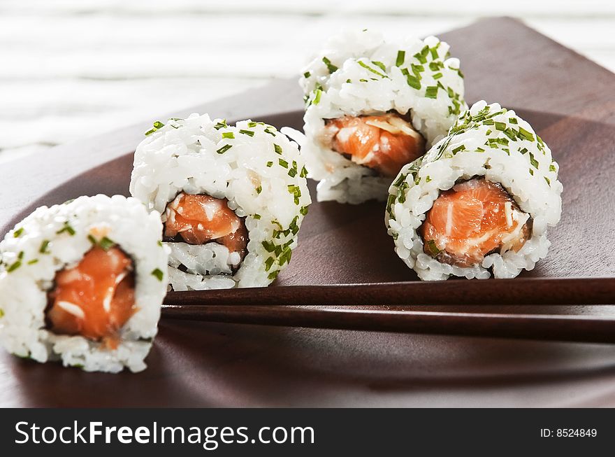 Various types of japanese sushi and sashimi