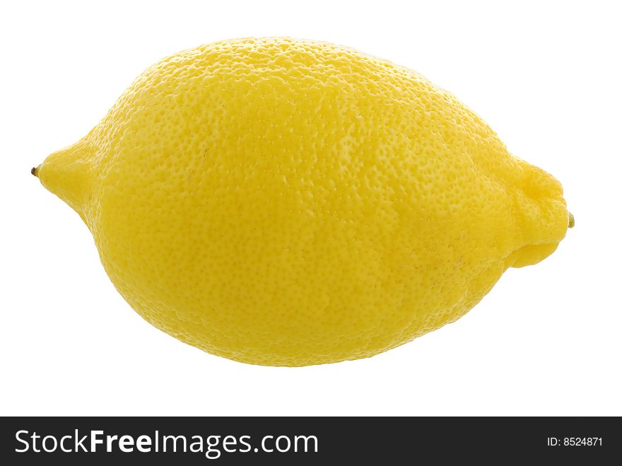 Single brightly yellow lemon on a white background