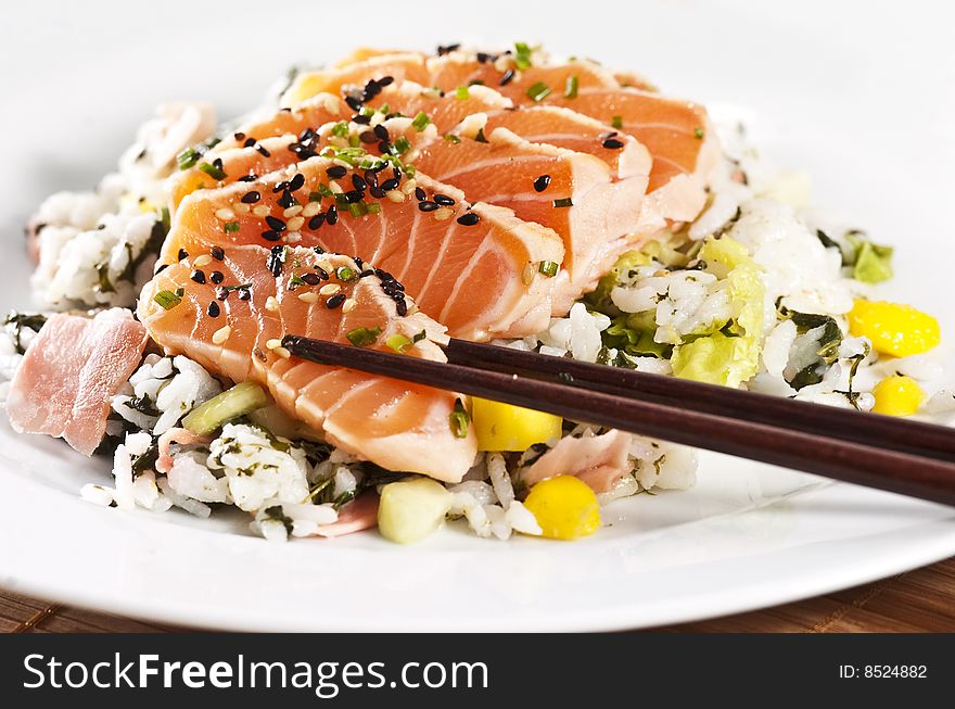 Various types of japanese sushi and sashimi