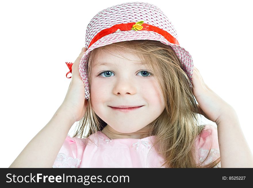 Close-up portrait of smiling grey-eyed blonde girl in hat
