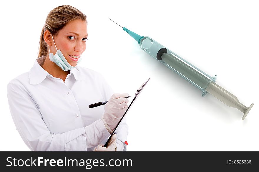 Female doctor with medical syringe looking at camera