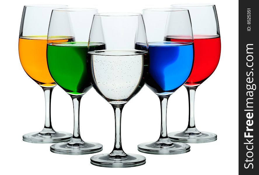 Five wine glasses isolated on white