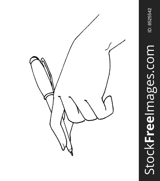 Line drawing of hand holding pen, isolated on white background. Line drawing of hand holding pen, isolated on white background
