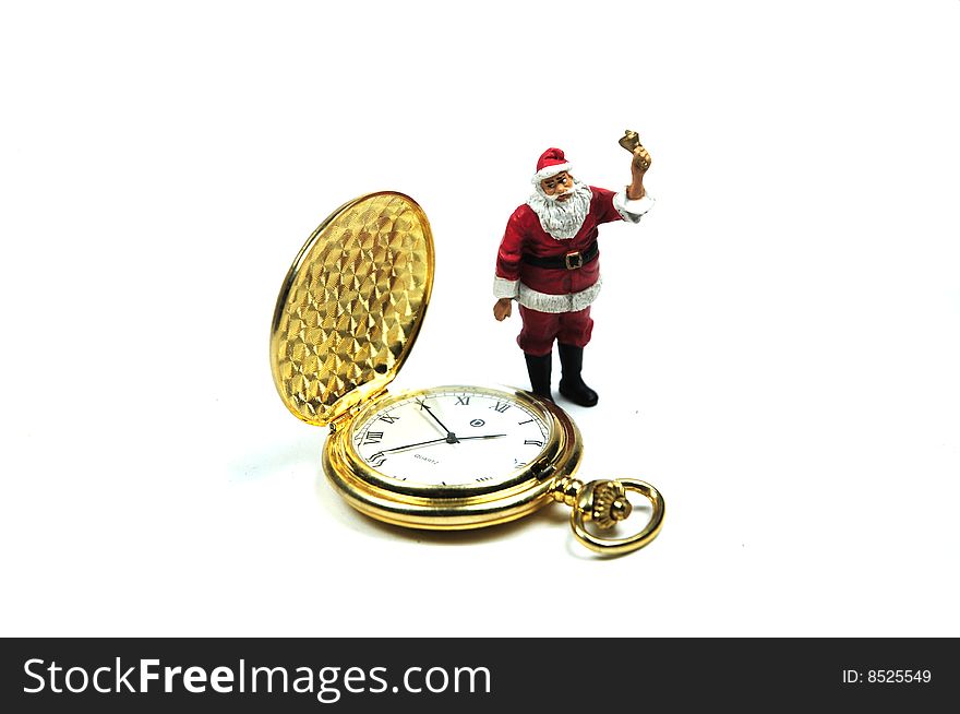 Santa standing behind a watch. Santa standing behind a watch