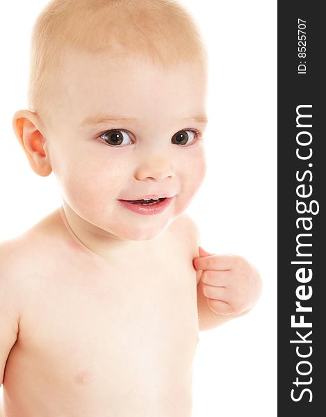 Laughing baby boy on white background