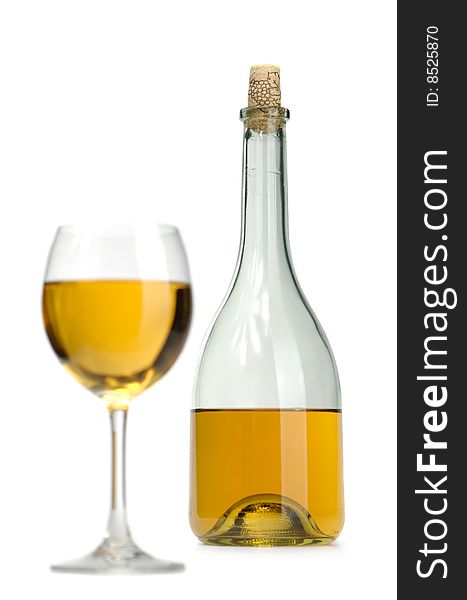 Glass and bottle of excellent white wine on a white background