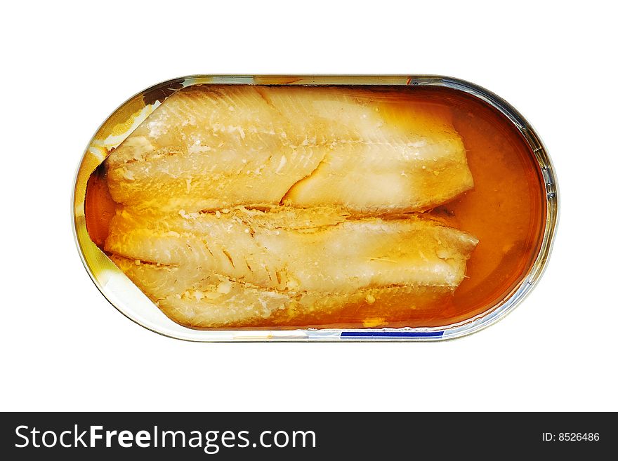 Canned fish over white background