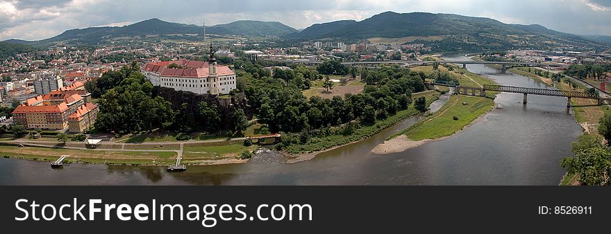 Panorama of Decin castle, river Labe, view of the Pastyrska stena.