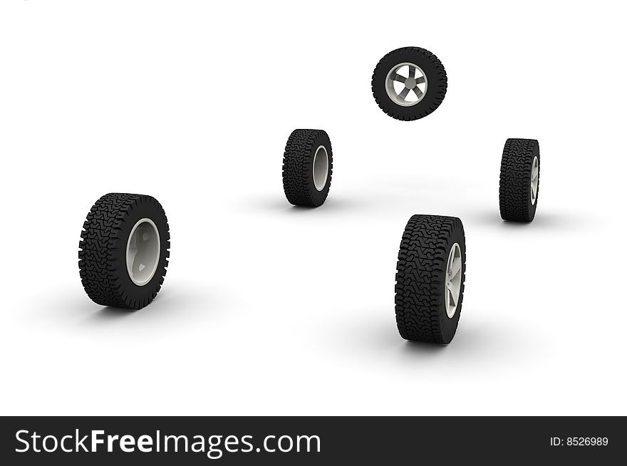 Five new off-road car wheels isolated on the white background. Side view