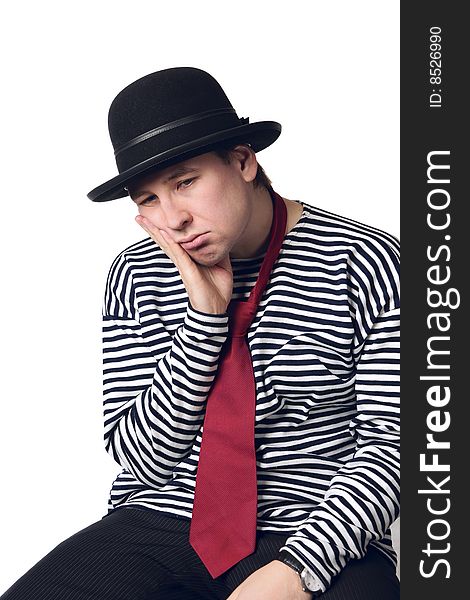 Tired and depressed mime isolated on white background