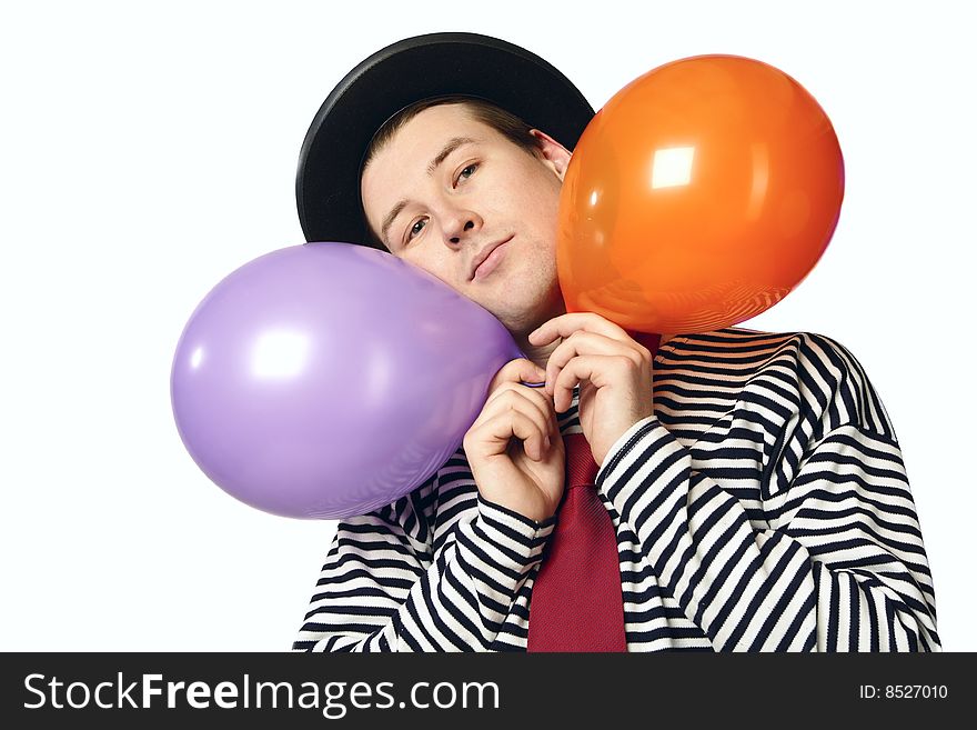 Mime with two balloons isolated on white background
