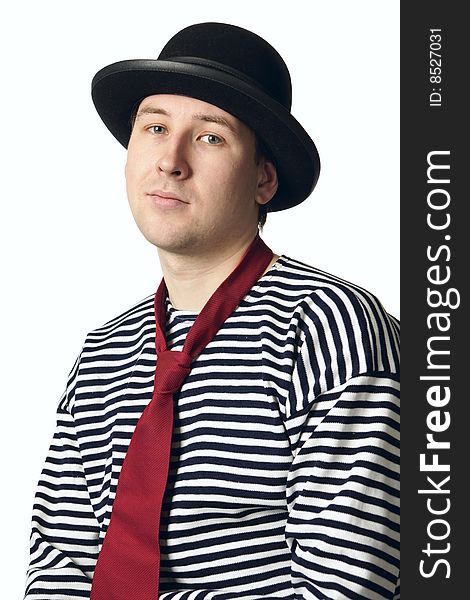 Mime in striped polo and red necktie. Mime in striped polo and red necktie