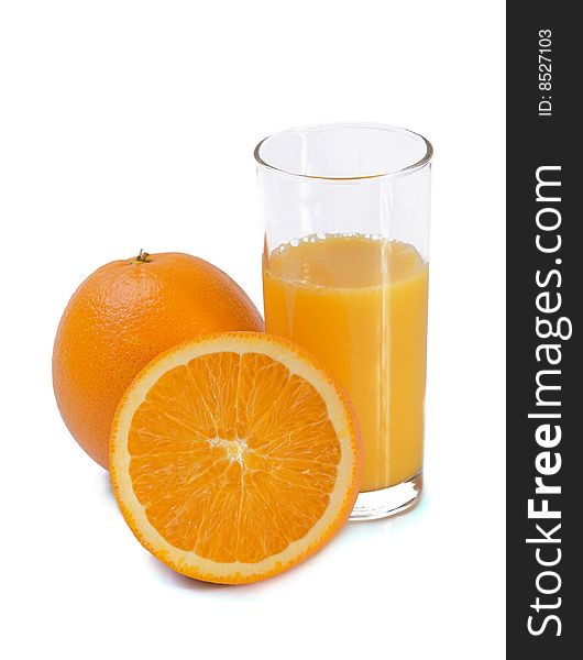 Fresh orange juice and oranges on white background