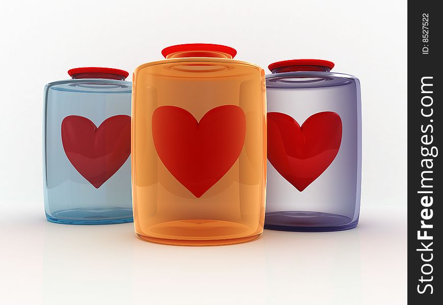 Abstract 3d illustration of hearts in bottles over white background