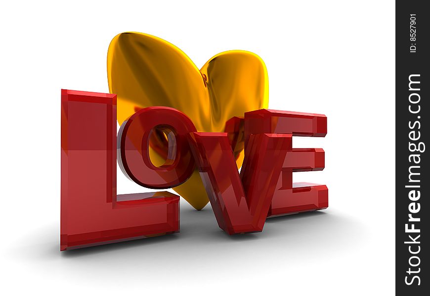 Abstract 3d illustration of love sign, symbol, and golden heart